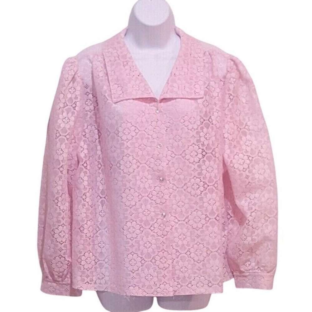 Vintage Pink Lace Blouse Womens XL Button Front Long Sleeve Made USA Romantic To - Picture 3 of 11